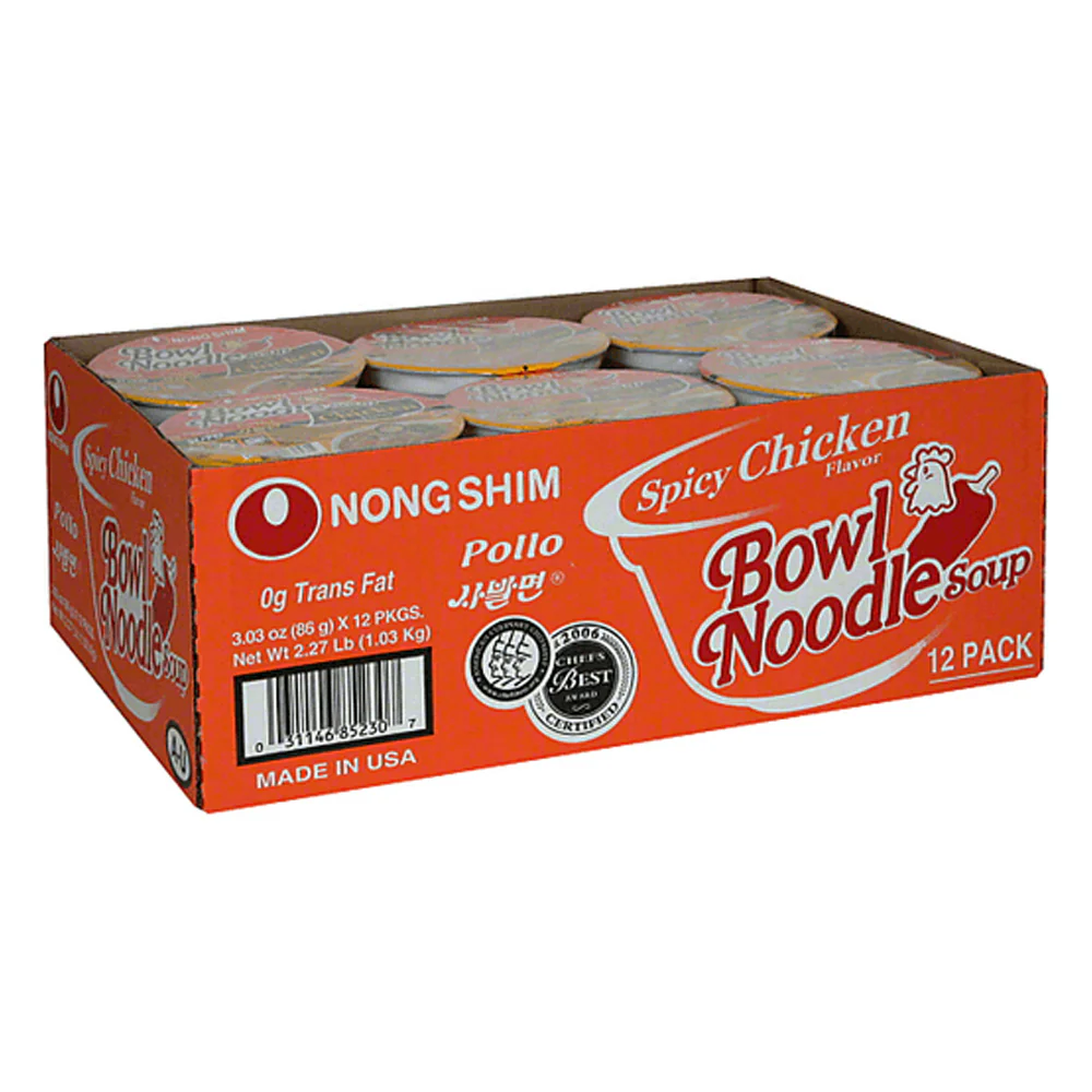 NongShim Bowl Noodle Soup Spicy Chicken Box 3.03oz x 12, 농심 사발면 매운 치킨맛 86g x 12