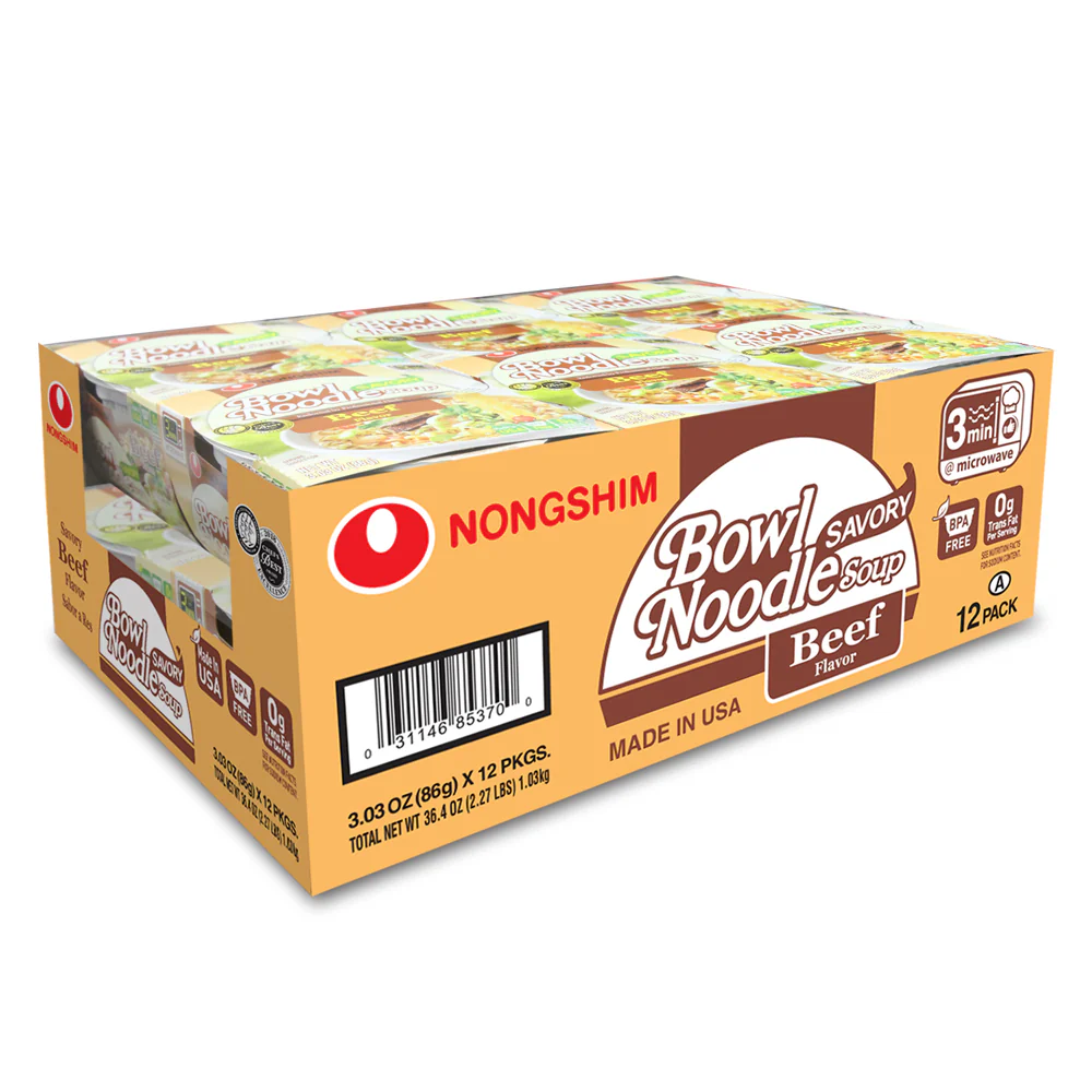 NongShim Bowl Noodle Soup Savory Beef Box 3.03oz x 12, 농심 사발면 소고기맛 86g x 12