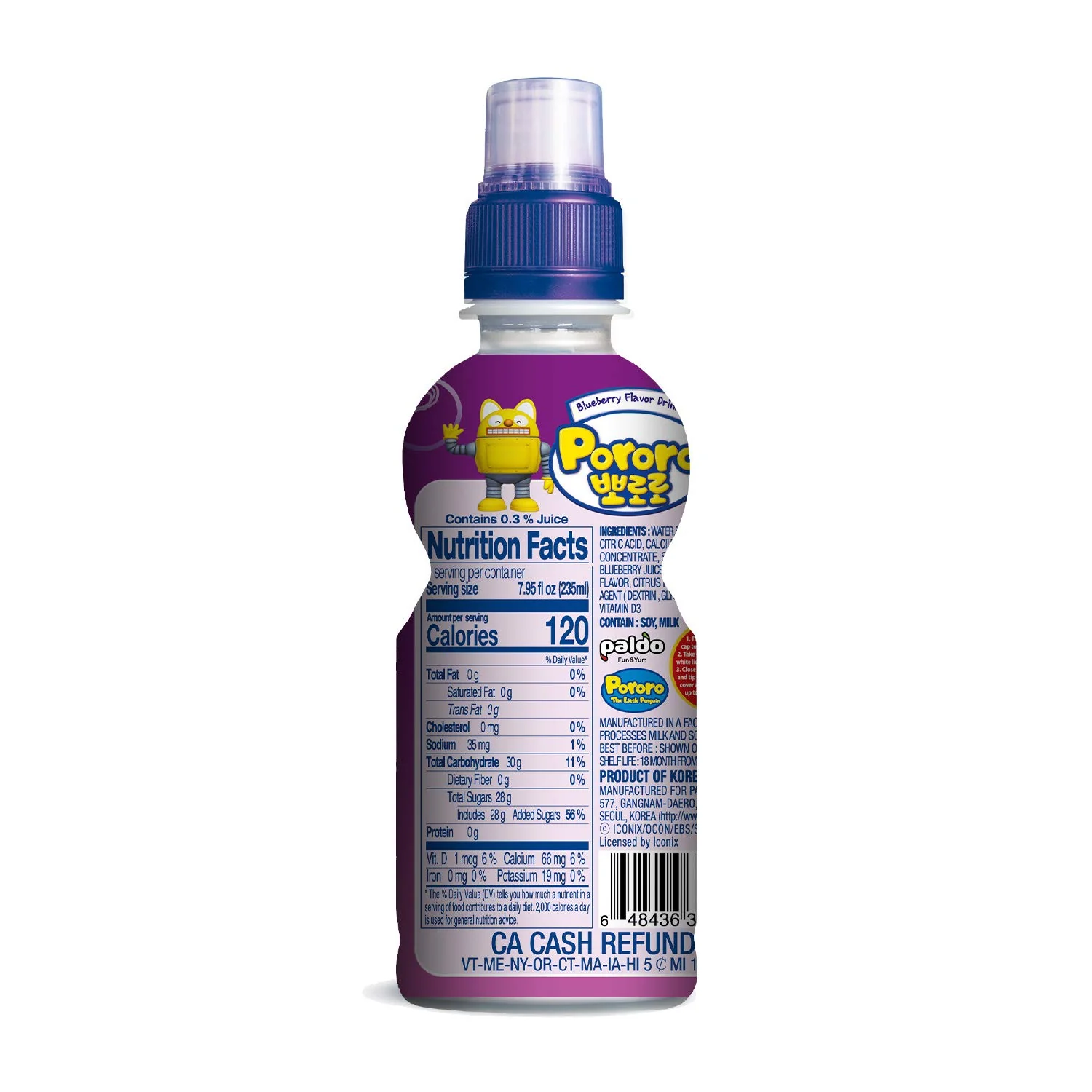 Paldo Pororo Drink Blueberry Flavor 7.95fl.oz, 팔도 뽀로로 드링크 블루베리맛 235ml - Image 5