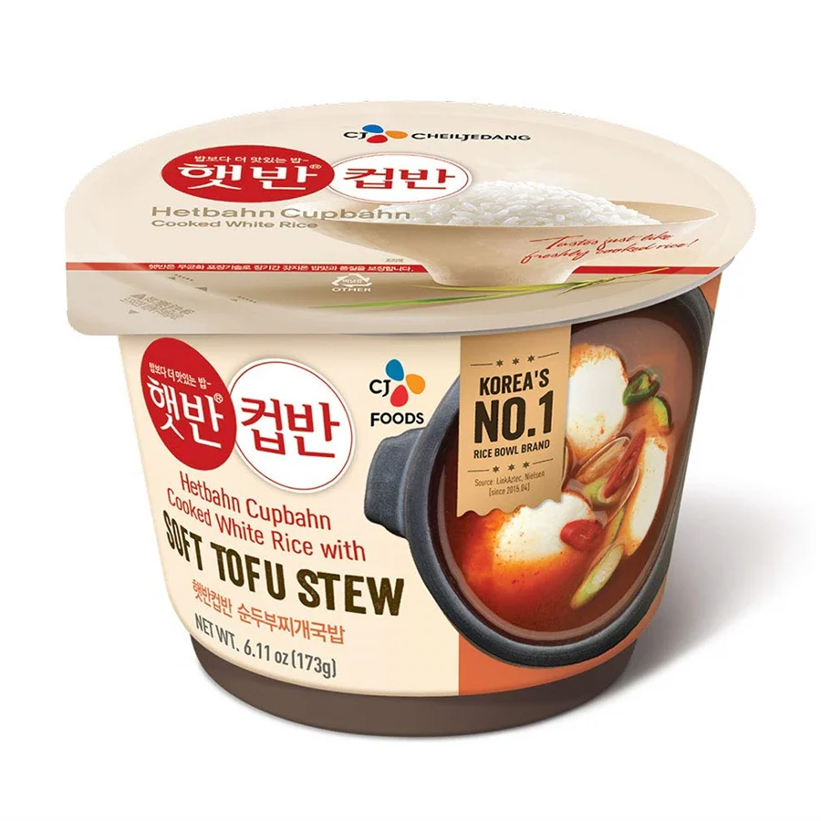 CJ Hetbahn Cupbahn Cooked White Rice with Soft Tofu Stew 6.11oz, CJ 햇반 컵반 순두부 찌개 국밥 173g