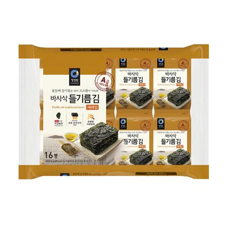 Chung Jung One Roasted Seasoned Laver with Perilla Oil 0.14oz x 12, 청정원 들기름 바사삭 김 4g x 12
