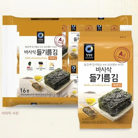 Chung Jung One Roasted Seasoned Laver with Perilla Oil 0.14oz x 12, 청정원 들기름 바사삭 김 4g x 12 - Image 2