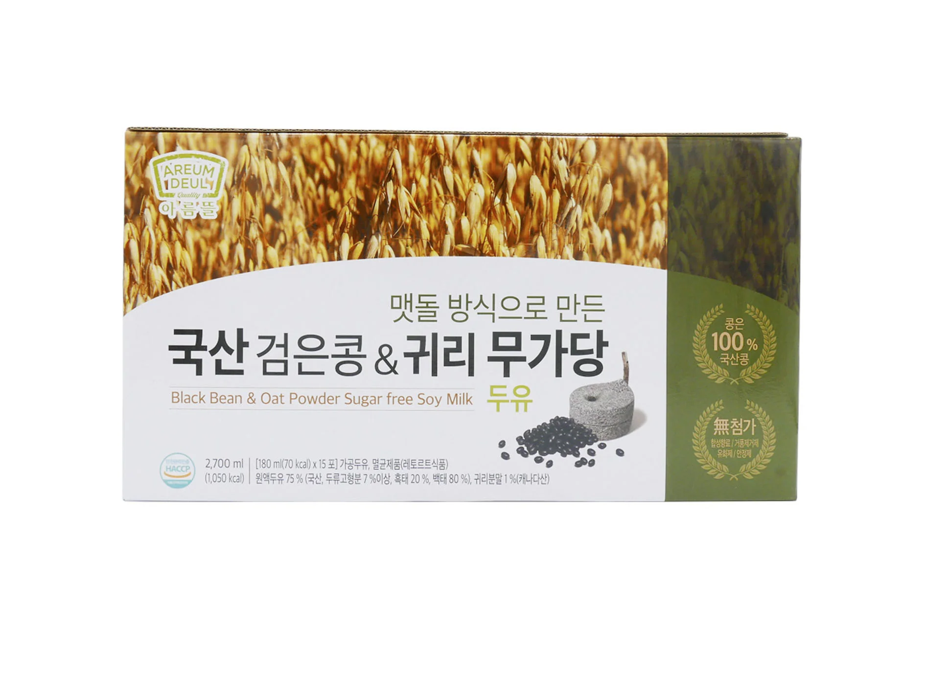 Areum Deul Black Bean & Oat Powder Sugar Free Soy Milk 180ml X 15 아름들 국산검은콩 & 귀리 무가당두유 180mlX15