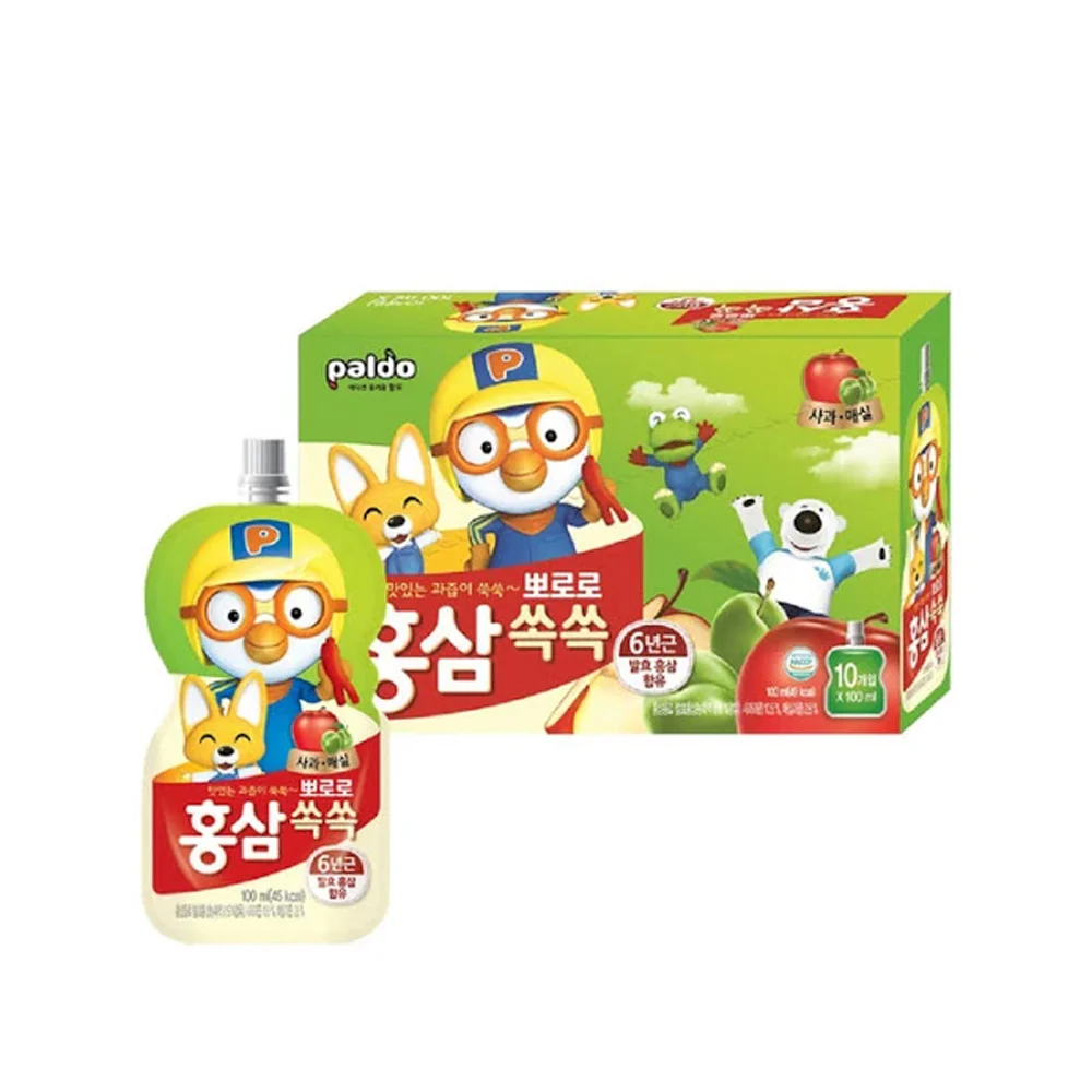 Paldo Pororo Pouch Red Ginseng Apple 3.38fl.oz x 10, 팔도 뽀로로 홍삼 쏙쏙 사과 100ml x 10
