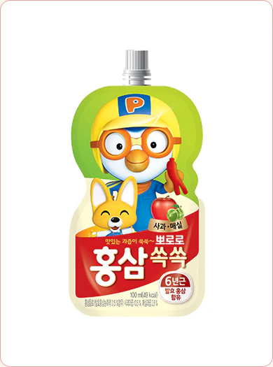 Paldo Pororo Pouch Red Ginseng Apple 3.38fl.oz x 10, 팔도 뽀로로 홍삼 쏙쏙 사과 100ml x 10 - Image 2