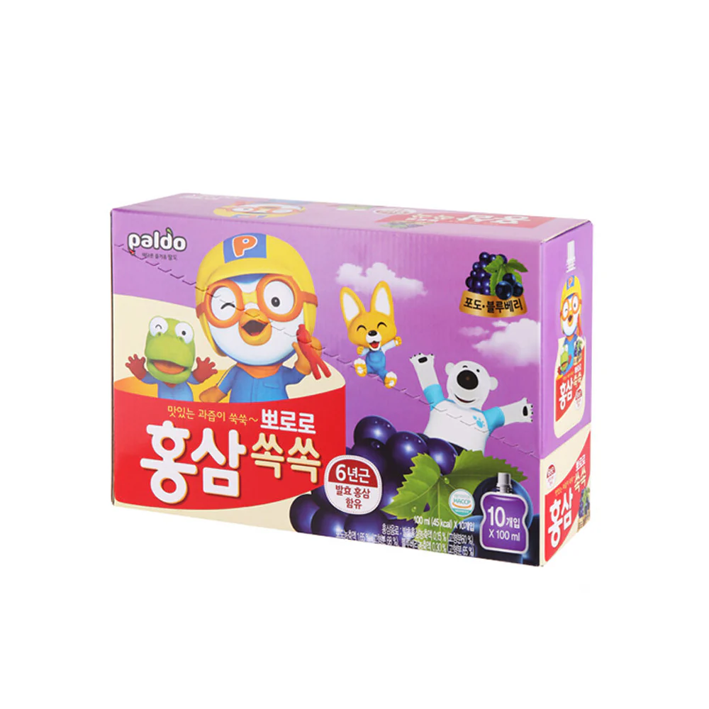 Paldo Pororo Pouch Red Ginseng Grape& b lueberry3.38fl.oz x 10, 팔도 뽀로로 홍삼쏙쏙 포도&블루베리  100ml x 10
