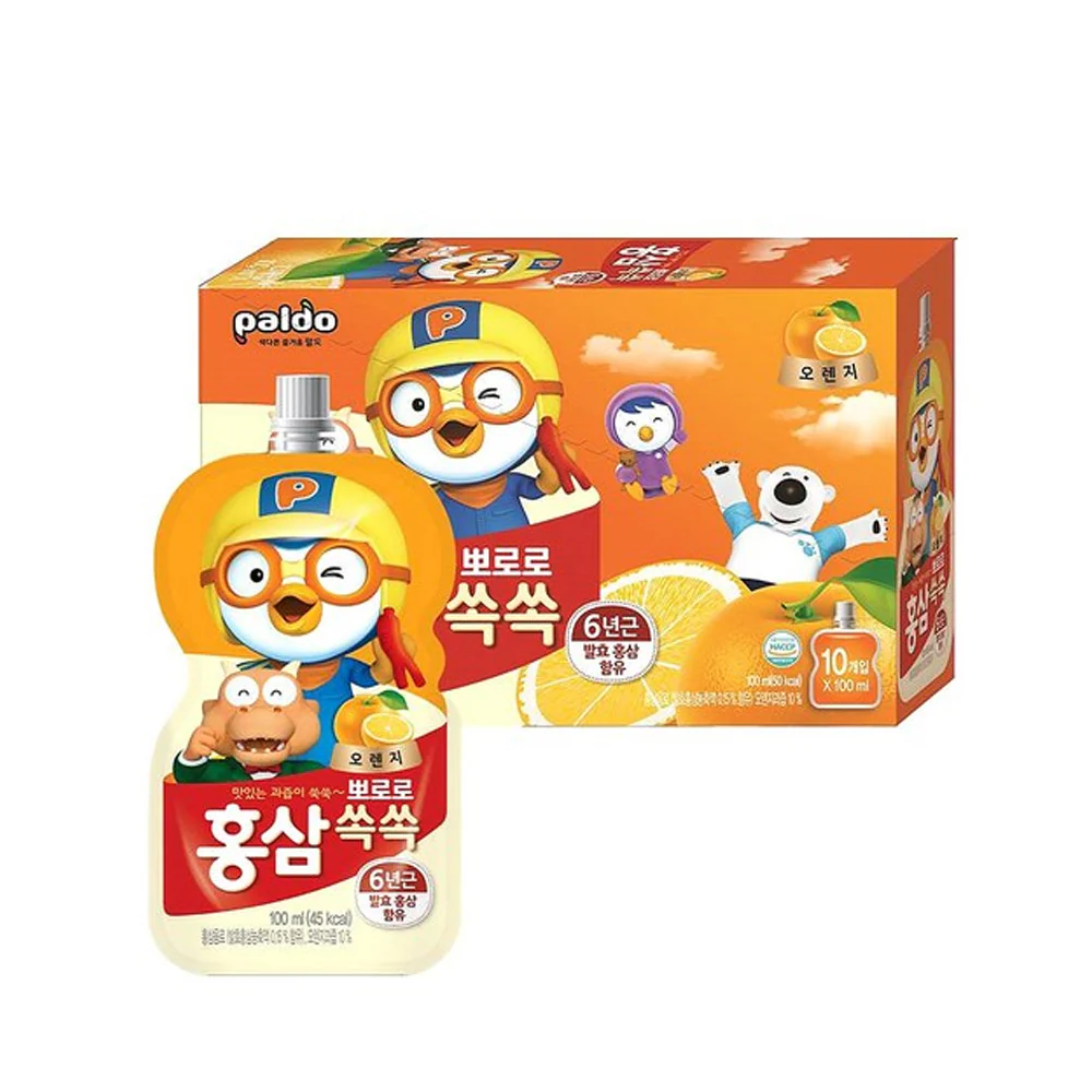 Paldo Pororo Pouch Red Ginseng Orange 3.38fl.oz x 10, 팔도 뽀로로 홍삼 쏙쏙 오렌지 100ml x 10