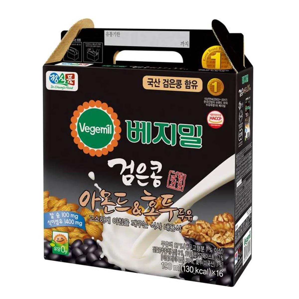 J VEGEMIL BLACK BEAN ALMOND&WALNUT SOYMILK 190ml x 16ea, 정식품 검은콩 아몬드 호두 베지밀 190ml x 16팩